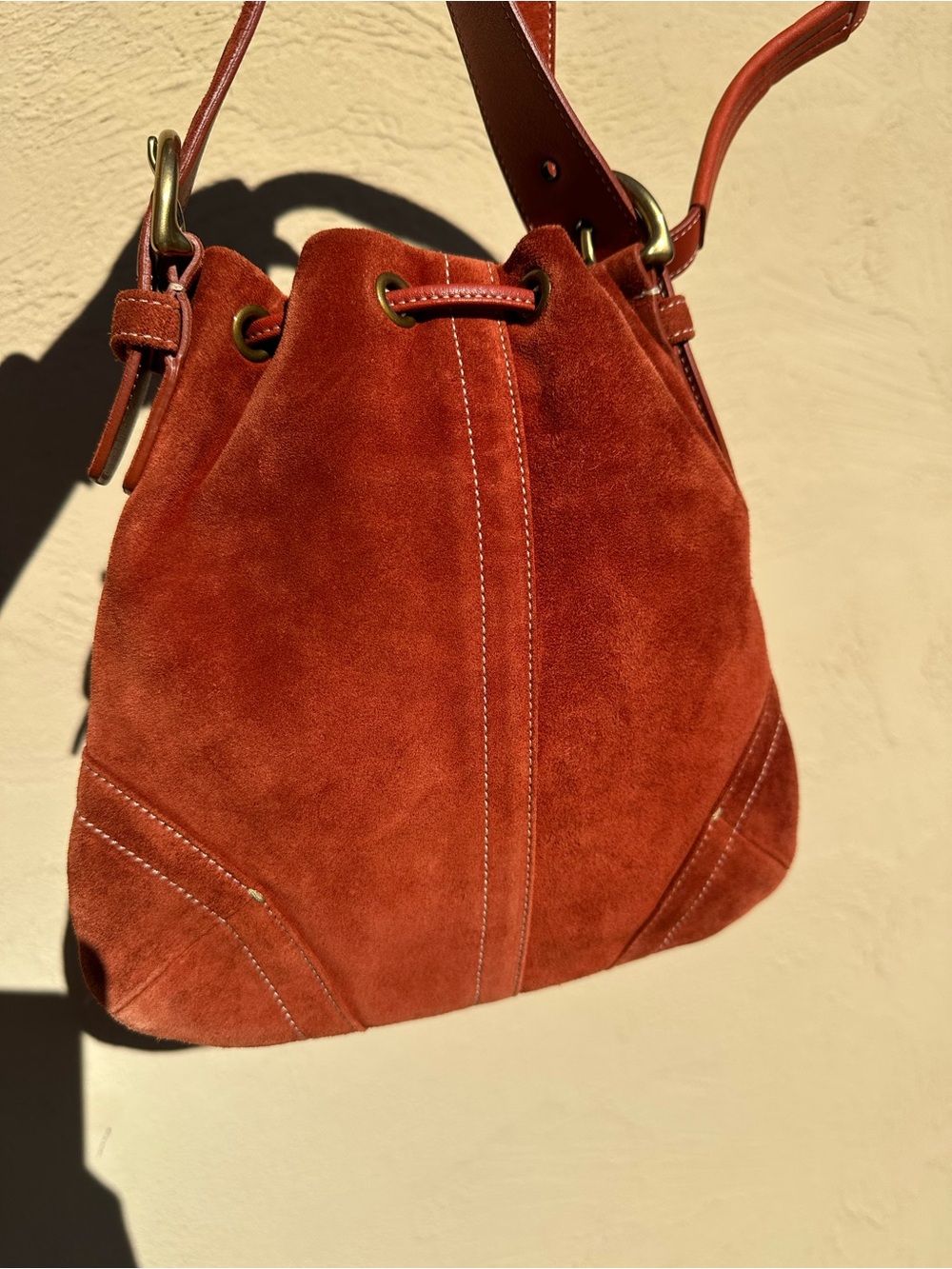 Coach Rust Orange Suede Drawstring Crossbody Bag - Picture 2 of 9